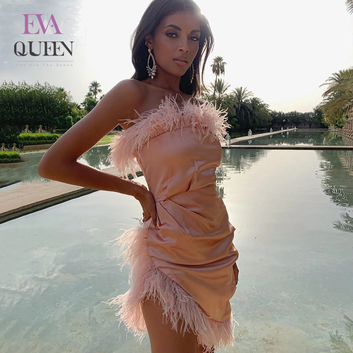 EvaQueen пикантные Перья Мини платье женские осень зима вечерние Клубное с низким