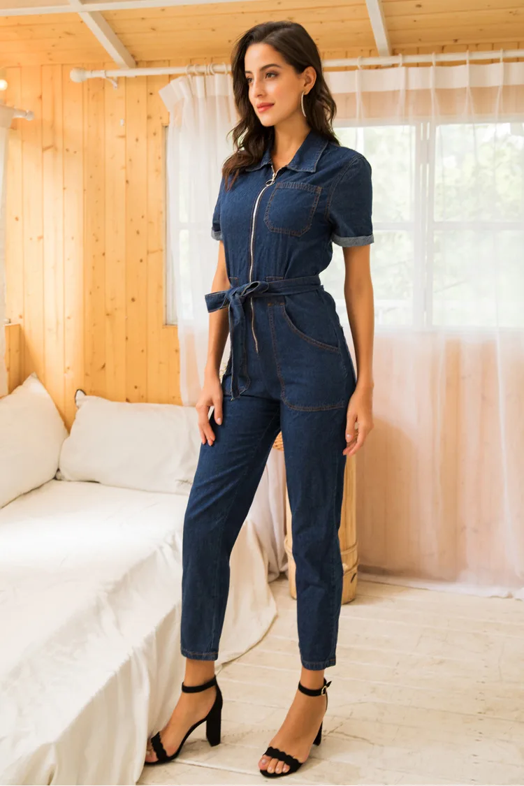 Zipper sexy denim jumpsuit long women romper bodycon summer jeans overalls Casual fashion off shoulder party club wear