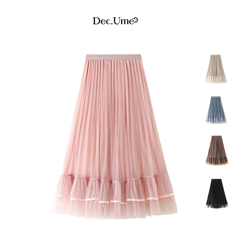 

A-Line Skirts Women Autumn Winter Chiffon Velvet Ruffles Pleated 2020 Brand New Fishtail Casual Lady Mid-Calf Skirt
