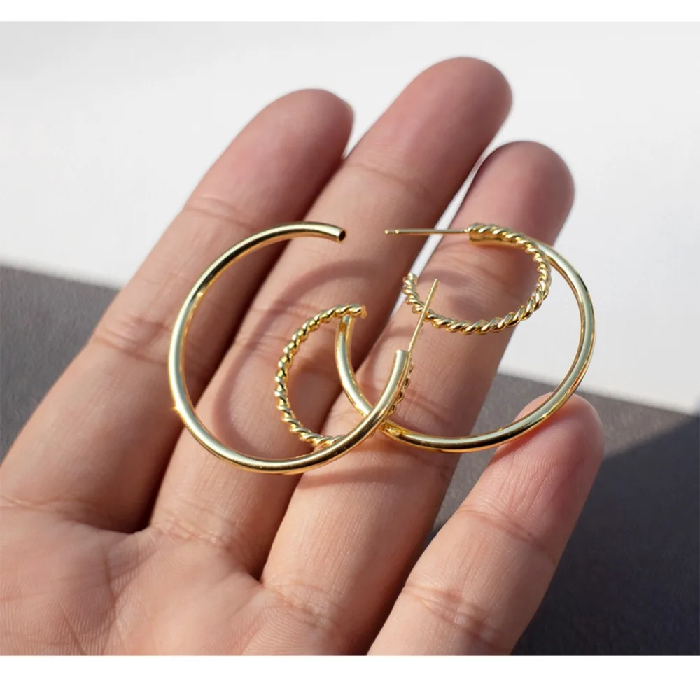 Серьги из стерлингового серебра 925 пробы, модное двойное кольцо, крученые большие круглые серьги, темпераментные индивидуальные серьги для девушек и женщин, ювелирное изделие для ушей