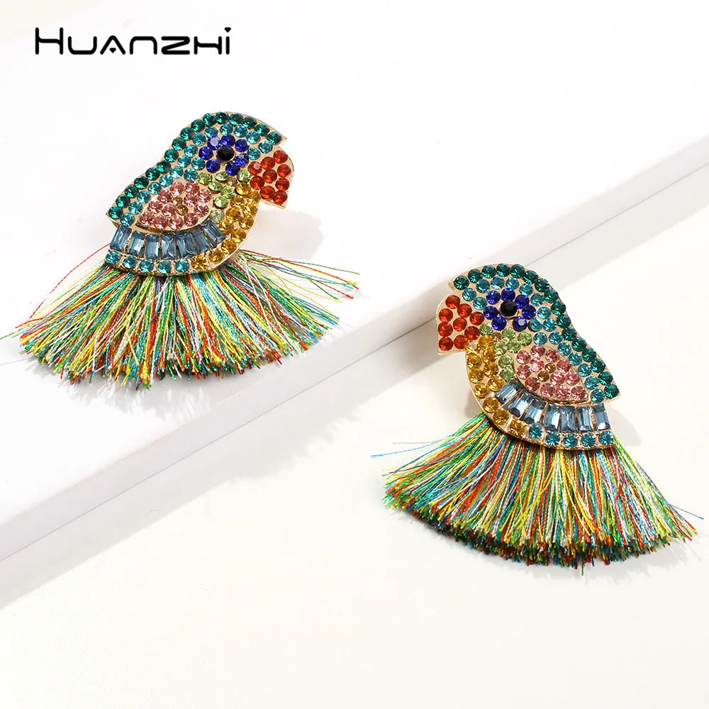 

HUANZHI 2019 Ethnic Colorful Rhinestone Bird Exaggeration Colored Rope Tassel Big Drop Earrings for Women Girls Travel Jewelry