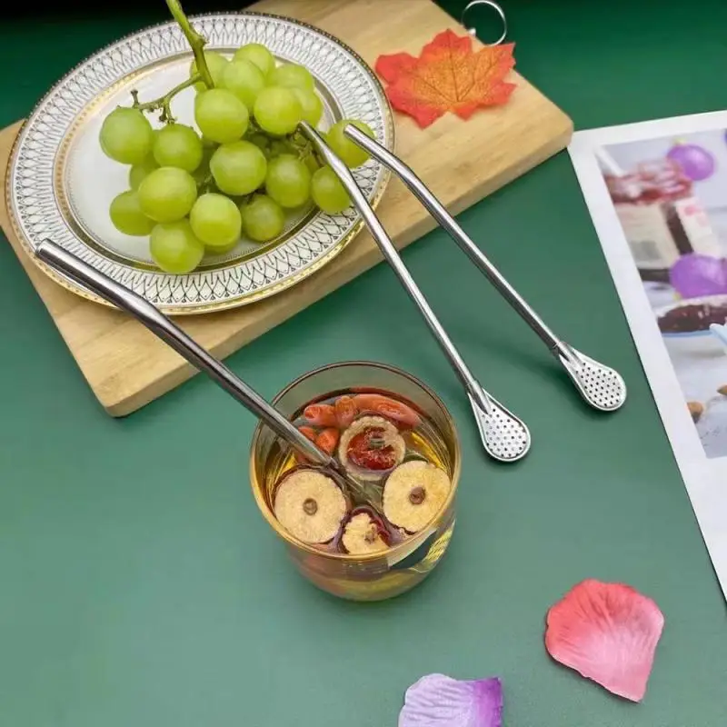 Stainless Steel Teaspoons Straw Tableware Spoon Juice Tea Coffee Spoon Drinking Straw Filter Drinks Tools Bar Scoops Accessories tea spoons