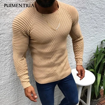 

Puimentiua Men Slim Casual Sweater Personality fashion Woven stitching pullover Thick sweater Male Autumn Winter Solid Warm Tops
