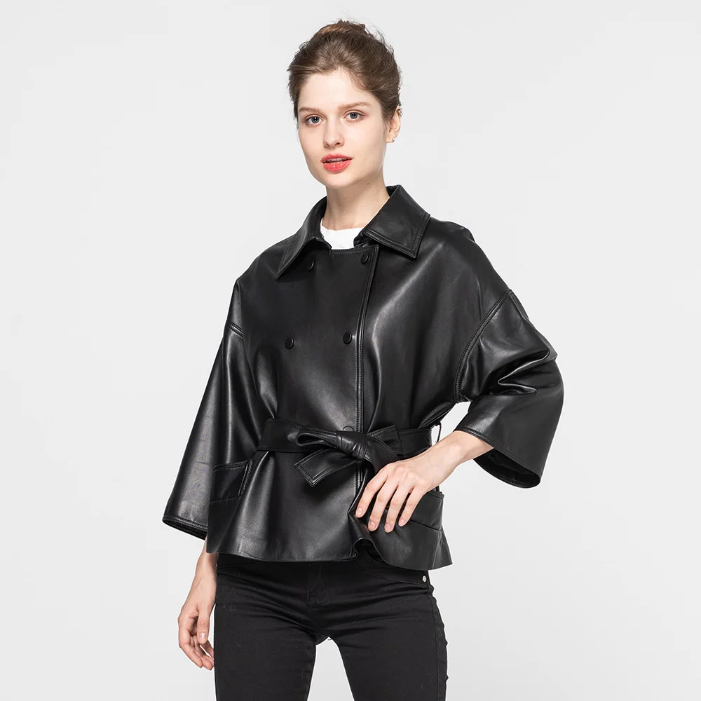 Женская новая Натуральная Овчина кожаная куртка с поясом модная дамская кожаная куртка короткий роскошный стиль S9031 - Цвет: Black