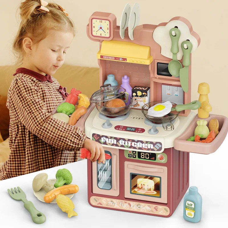 

Kids Kitchen Toy Preten Play Cooking Table Set Children Spray Water Dinnerware Simulation Toys With Sounds Lights Girl Boy Gift