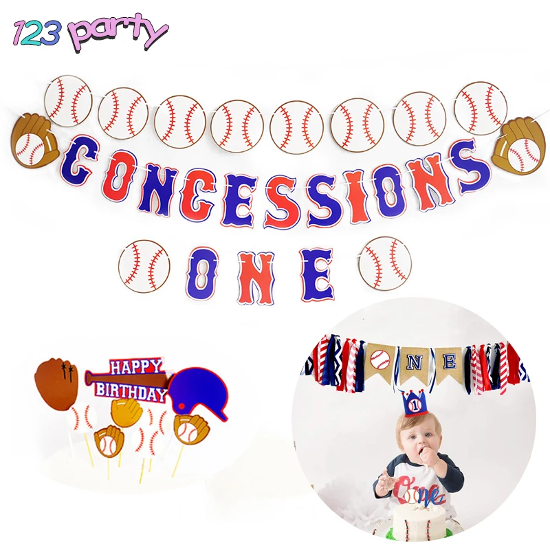 

Baseball theme happy birthday party decoration kid cake topper banner baby shower party supplies first birthday baseball ONE hat