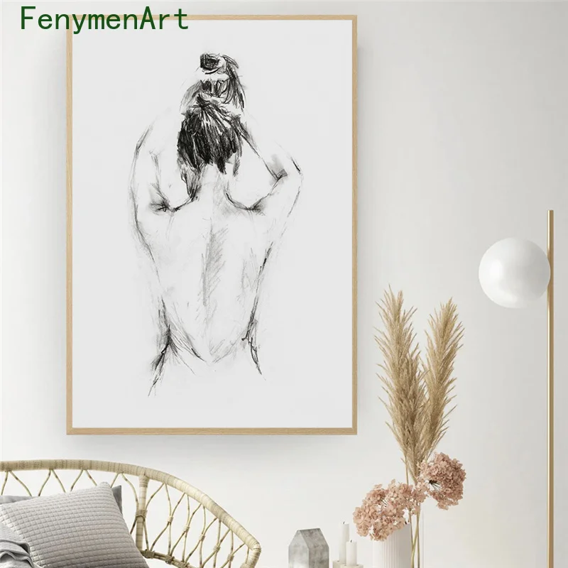 Minimalist Line Drawing Woman Poster Abstract Nude Bathing Woman Canvas Painting Modern Wall Art Picture Bathroom Home Decor