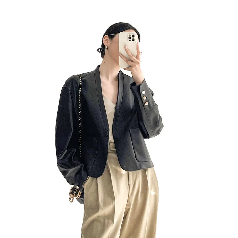 new autumn winter leather women sheepskin v-neck jacket retro small suit genuine leather coats natural sheepskin high quality