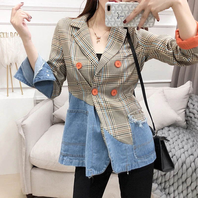[Мода] Осень и зима новые продукты Мода ретро деним строчка плед с длинным рукавом костюм куртка Женский PA752
