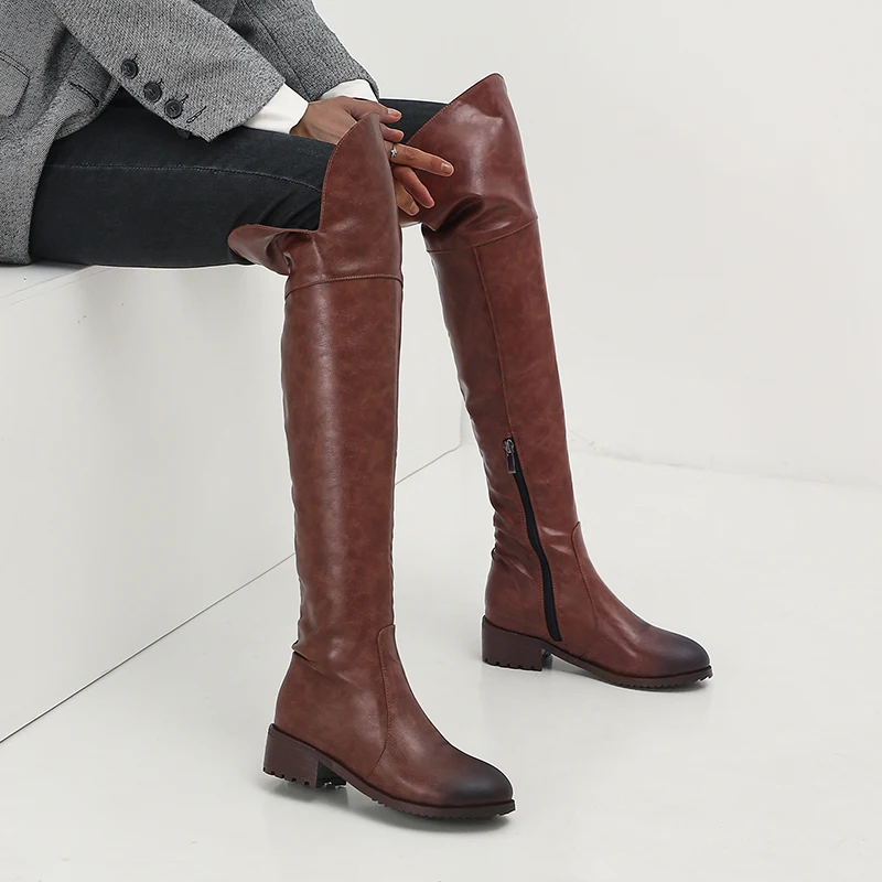 Haoshen/зимние женские сапоги выше колена, высокие сапоги для верховой езды на низком каблуке модная нескользящая обувь с круглым носком, размер 13