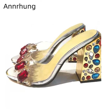

Crystal Drilled Chunky High Heel Slippers Women Clear Transparent PVC Slides Sexy Open Toe Rhinestone Decor Party Shoes Woman