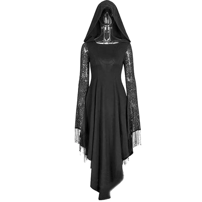 Готическое платье с капюшоном, с длинным рукавом, кружевное платье с высокой талией, черные, открытые, на Хэллоуин, Сексуальные вечерние платья, женская одежда
