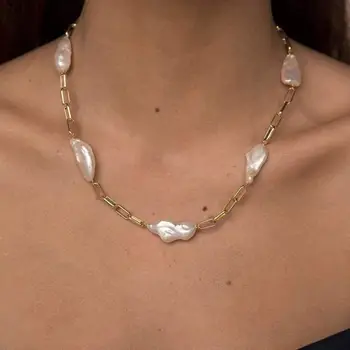 

New Natural Baroque Pearl Necklace Europe Design Paragraph Simple Chain Golden Choker gold chain