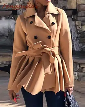 

FENGGUILAI Winter Clothes Short Wool Coat Women Coat Korean Autumn Woolen Coat Fashion Double-breasted Jacket Elegant Blend Khak