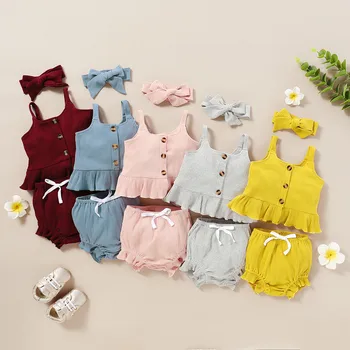 

2020 Baby Summer Clothing Newborn Kid Baby Boy Girl Clothes Sleeveless Tops Shorts Headband Solid 2Pcs Cute Baby Outfits Set