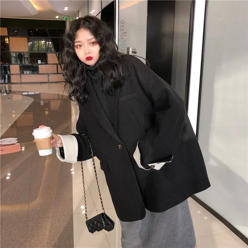 

Women Long Sleeve Thin Jackets Spring Autumn Single Button Loose Blazers Notched Collar Patchwork Vintage Outerwear