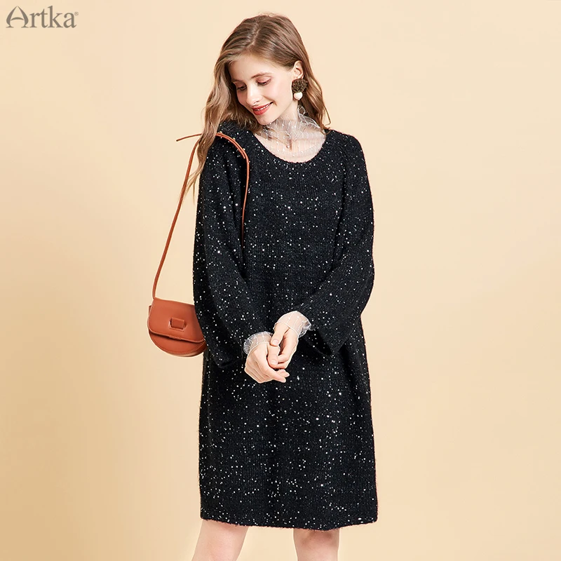 

ARTKA 2019 Autumn Winter New Women Sweater Fashion Sequin Knitted Long Sweaters O-Neck Loose Pullover Sweater Women LB10099Q
