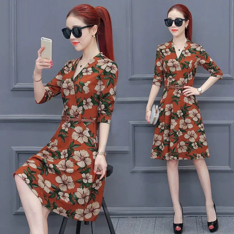 

V-neck Floral Dress 2019 Spring, Autumn And Winter New Style WOMEN'S Dress Very Fairy of France Non-mainstream Slim Fit Slimming