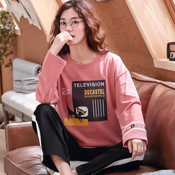 

BZEL Round Neck Women's Pajamas Sets Soft Sweet Pijamas Cute Loose Pijamas Cotton Female Sleepwear Casual Homewear Plus Size 2PC