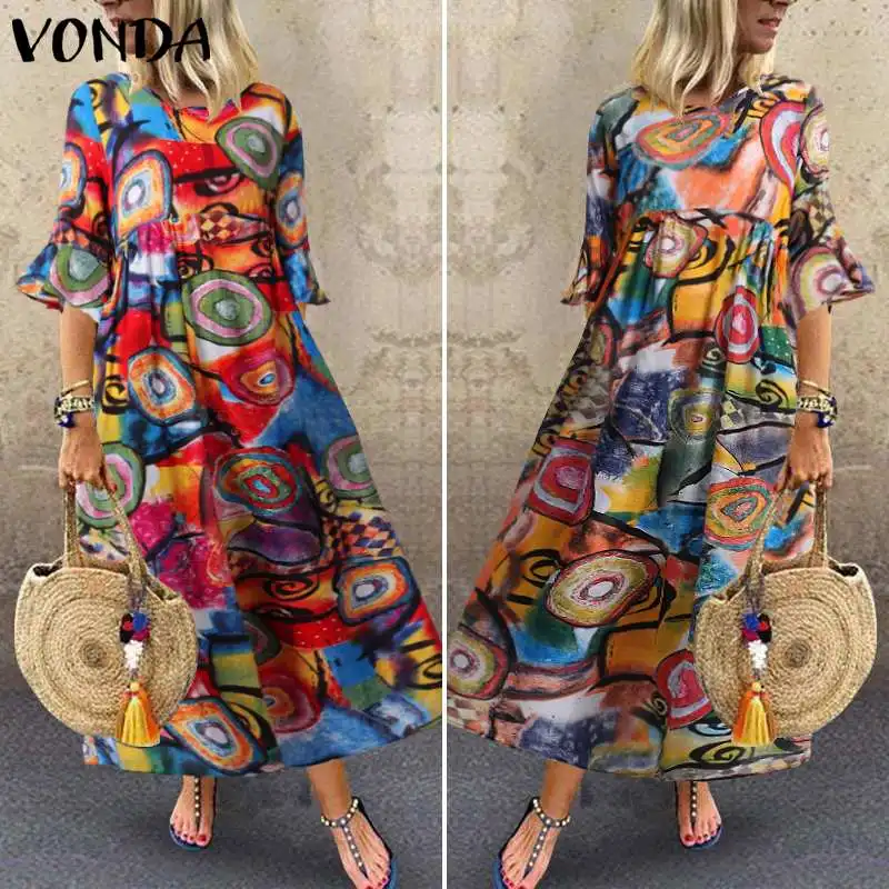 VONDA летние платья женские вечерние платья с коротким рукавом свободный праздничный сарафан с случайным принтом 5XL вечерние платья