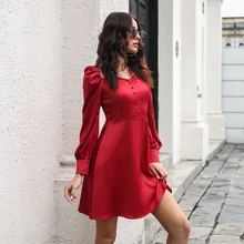 

Women Dress Spring Autumn Elegant Dress Square Collar Long Sleeve Dresses Solid Slim Party Lantern Sleeve Button Dress Vestidos
