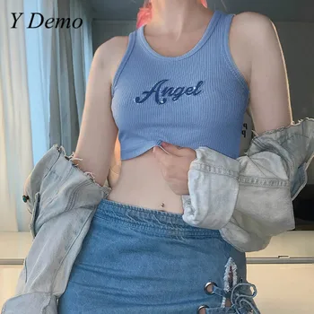 

Y Demo Grunge Casual Sleeveless Tops Women Summer Elastic Letters Embroidery Short Tees 2020