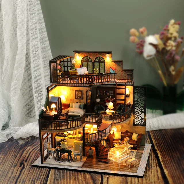 Diy Wooden Doll House Miniature Building Kits Modern Loft With Furniture Casa Dollhouse Toys For Children Girls Birthday Gifts 2