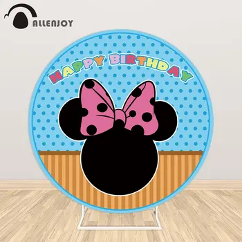 

Allenjoy Mouse Head Cartoon Circle Round Backdrops Wallpapers Dot Stripe Bow Blue Elastic Table Cover Elastic Backgrounds Banner