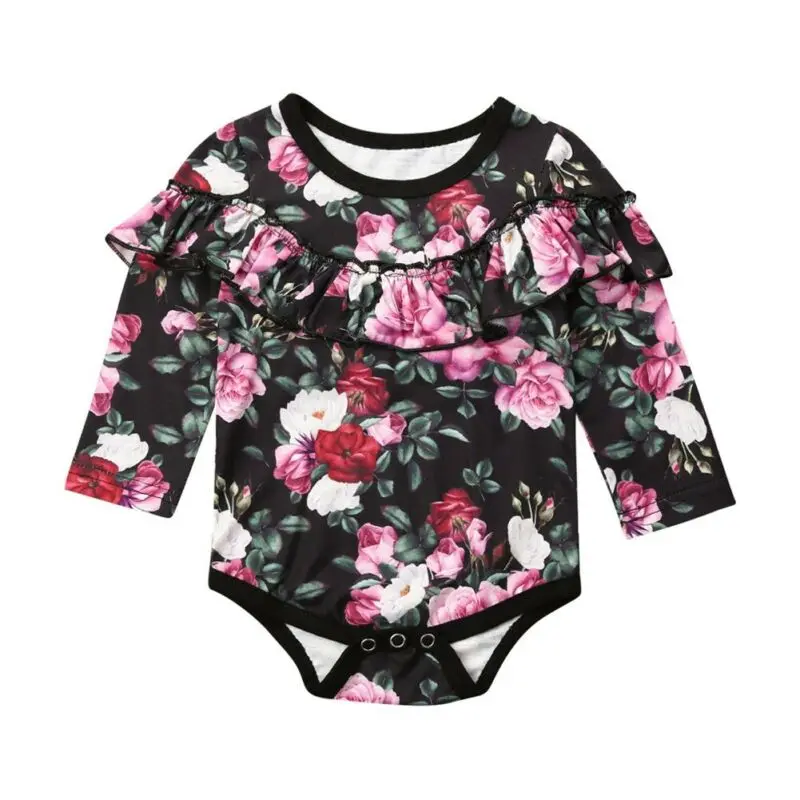 

Bodysuits Long Sleeve Ruffle Frills Floral Print Jumpsuit Playsuit Sunsuit Top For 0-24M Newborn Baby Girl Boys