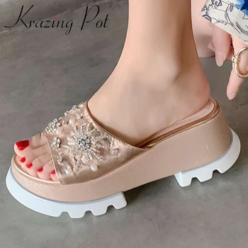 

Krazing pot genuine leather peep toe high heels thick bottom rhinestone pearl gorgeous beauty lady slip on summer sandals L21