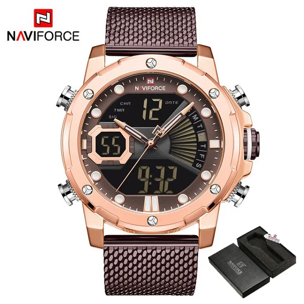 NAVIFORCE Топ бренд Lucury мужские часы спортивные часы из нержавеющей стали водонепроницаемые наручные часы Подарки для мужчин relogio masculino - Цвет: GoldCoffeeWithBox