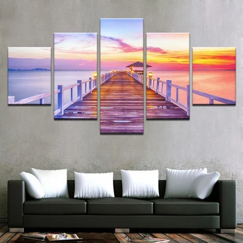 

Canvas Paintings Living Room Home Wall Art Decor 5 Pieces Sunrise Wooden Bridge Seascape Pictures Sunset Lake Posters(No Frame)