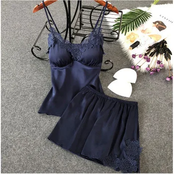 

2020 New Summer Sexy Shorts Pj Set Women Silk Homewear 2pcs Lace Night Suits Pajamas Satin Home Clothes Plus Size Silk Pijama