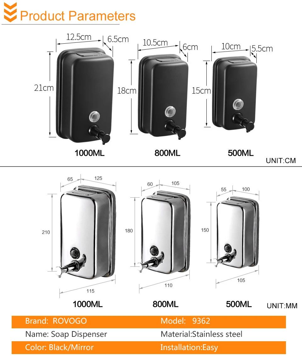 ROVOGO 500/800/1000Ml Black/Mirror Soap Dispenser Wall Mounted, Stainless Steel Bathroom Dispenser for Home Hotel