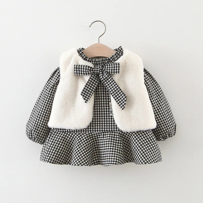 Теплый зимний комплект одежды принцессы для маленьких девочек, вельветовое платье с бантом+ жилет из искусственного меха, комплект из 2 предметов, S9930