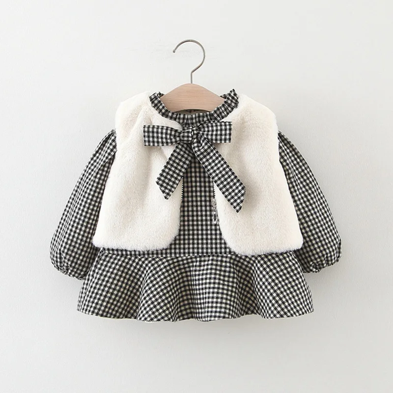 

Warm Winter Children Baby Kids Girls Infants Princess Clothes Set Plaided Bowtie Velvet Dress+Faux Fur Waistcoat 2pcs Suit S9930