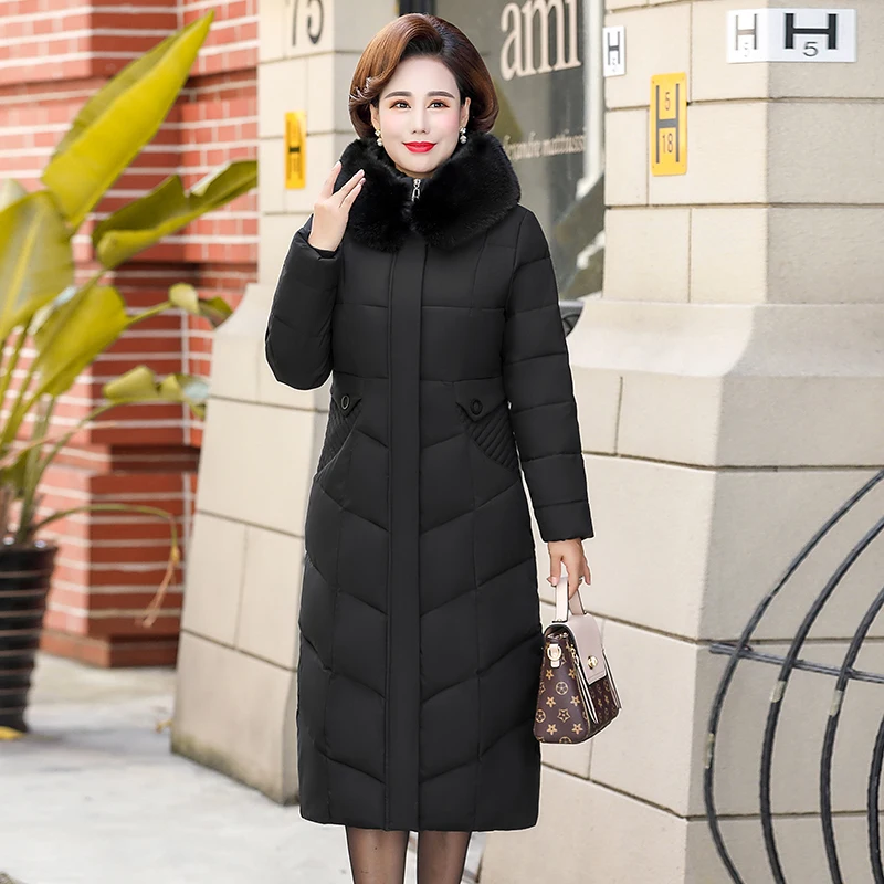 Зимняя куртка X-long с меховым воротником для женщин среднего возраста, парки, теплое толстое пальто с капюшоном размера плюс 4XL, пуховое хлопковое Женское пальто