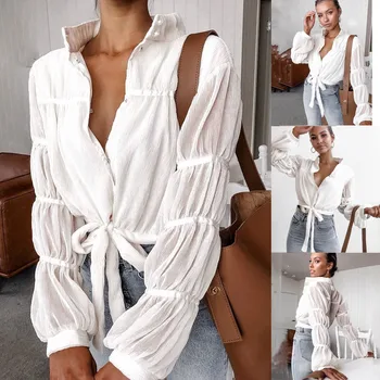 

Women's Blouse Buttons Lantern Sleeve Female Blouses Fold Bow Bandage Temperamental Women's Shirt Casual Top blusas mujer 8