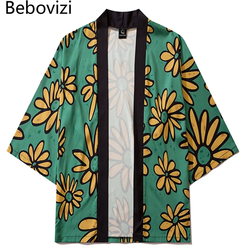 

Kimono Cardigan Shirt Women Traditional Green Flowers Print Kimono Beach Haori Women Japanese Yukata Female Men Asian Clothes