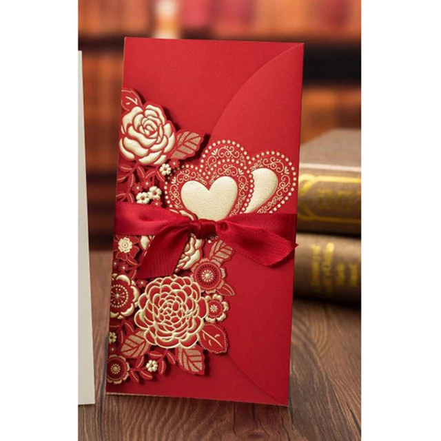 Red outside cards 50 шт./лот, золотой, белый лазерный разрез, свадебные пригласительные открытки, роза, сердечко, поздравительные открытки для свадьбы и помолвки, вечерние принадлежности - Цвет: Red outside cards