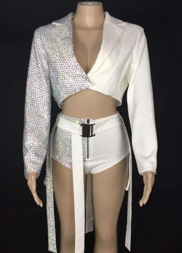 Sparkly AB Rhinestones Outfit Sexy Black Blazer Short Design Party 2 Pieces Set Dj Female Singer Nightclub Dance Skirt Costume