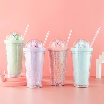 

Douyin Korean-style Micro Landscape Ice Cup Summer Day Cup with Straw Plastic Red Glass Cute Double Layer Gift Cup Wholesale