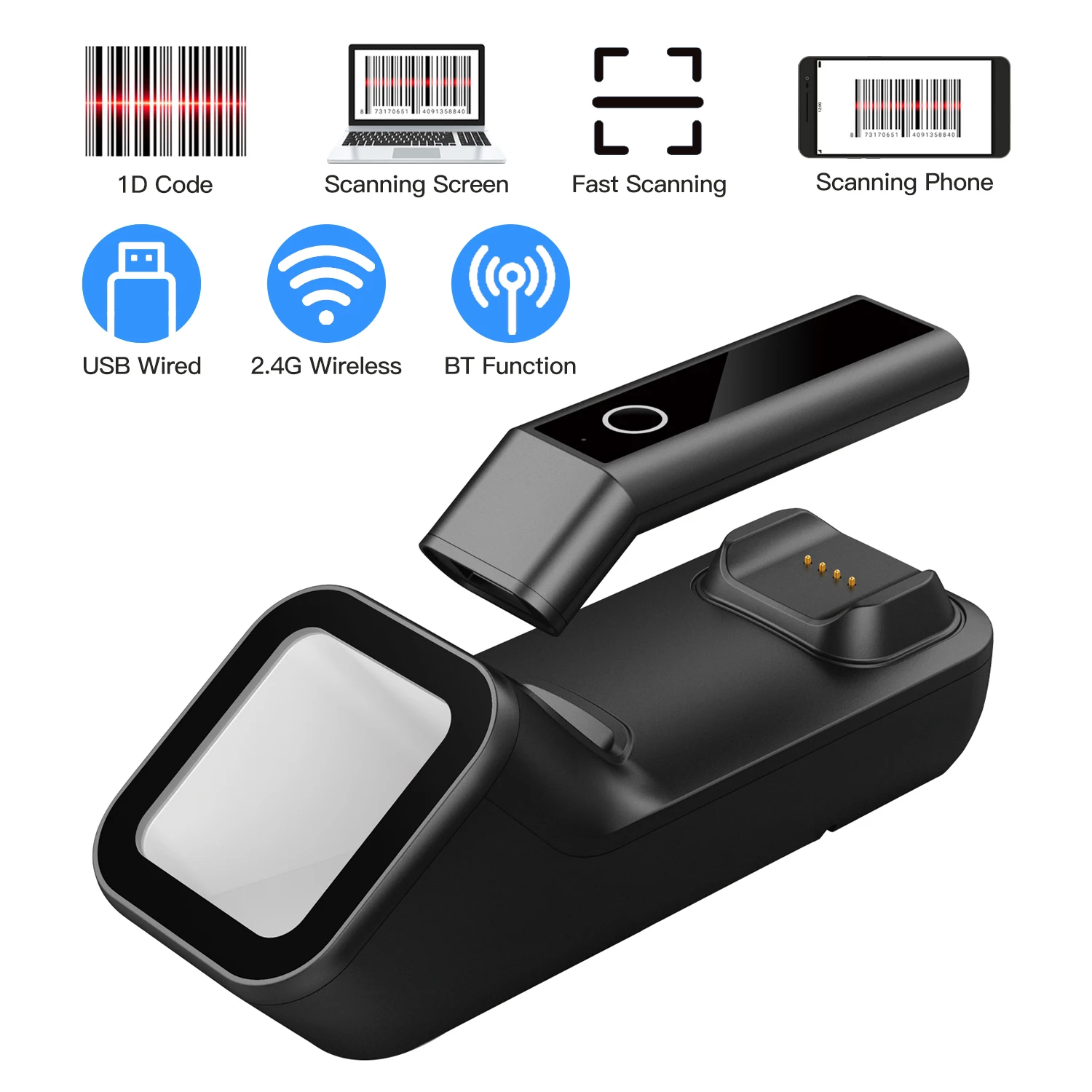 Aibecy 3-in-1 Barcode Scanner Handheld 1D/2D/QR Bar Code Reader  BT & 2.4G Wireless USB Wired Connection with Scanning Base mini scanner Scanners