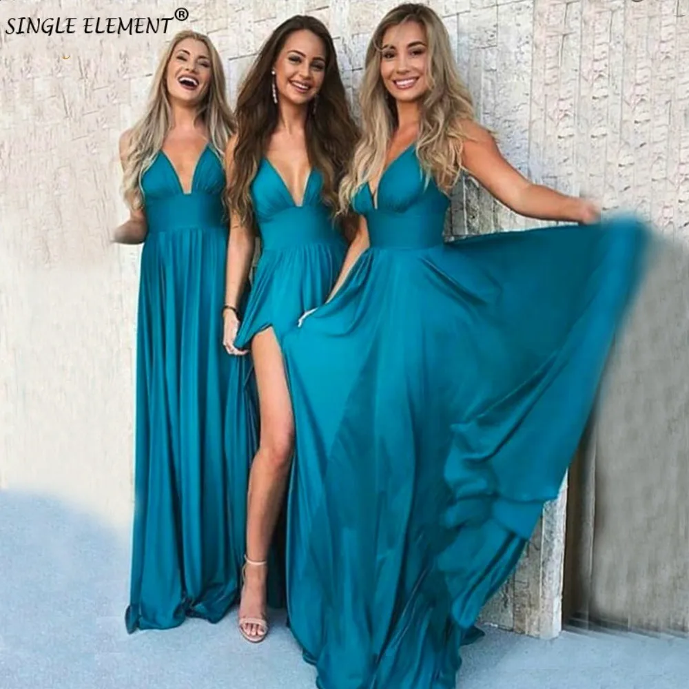 

SINGLE ELEMENT Sexy Slit Blue Long Deep V-Neck Maid of Honor Bridesmaid Dresses