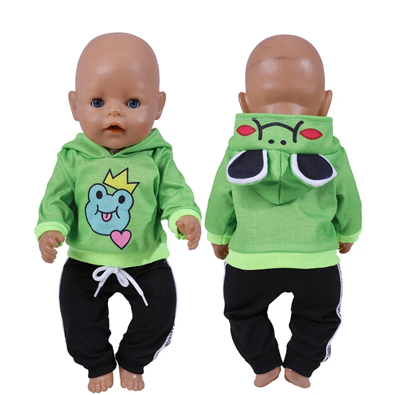 18 Inch Doll Clothes Cartoon Frog Hoodies Trousers New Born Baby Boy Clothes Sports Suit Toys for Girl 43 cm Reborn Doll Outwear