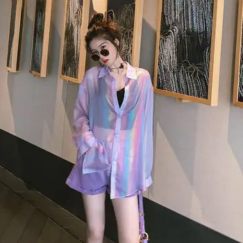 

Women 2020 Summer New Fashion Sets Two Pieces Female Sets Sun Protection Blouse Shirt And Wide Leg Denim Shorts Casual Suit L267