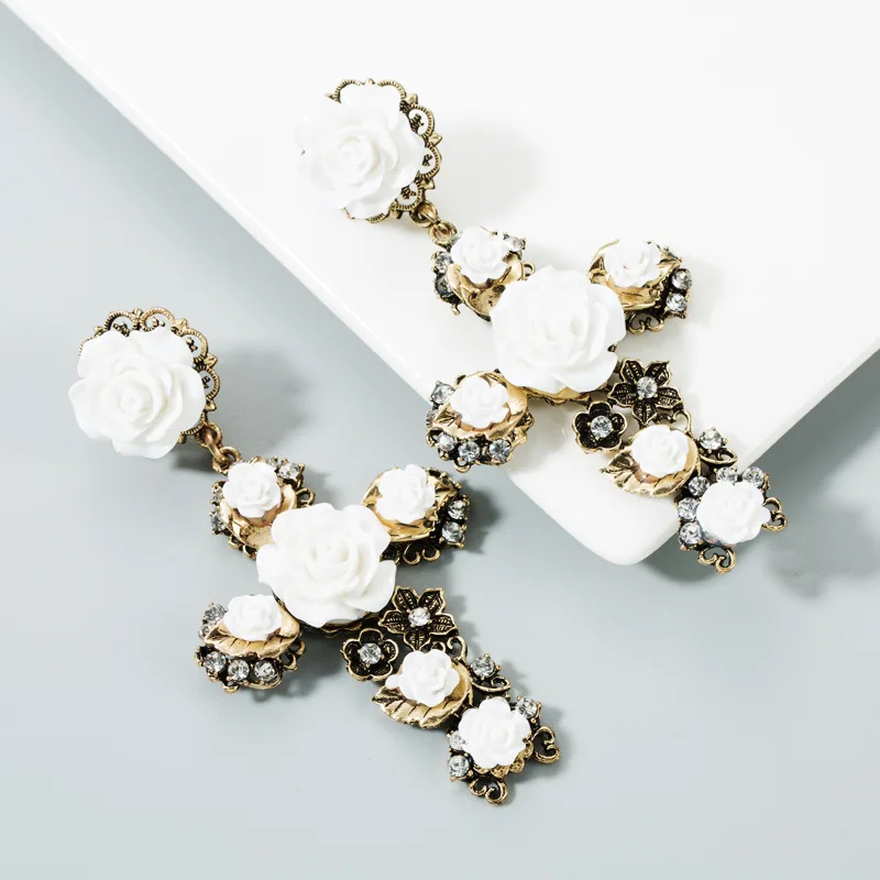 KMVEXO baroque vintage gold color cross earrings enamel rose flowers earrings for women girls cross earrings flower earrings rose earrings golden earrings