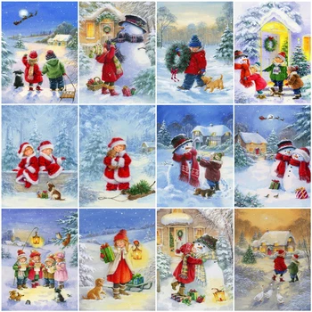 

AZQSD DIY Unframe Paint By Number Canvas Kits Snowman Christmas Gift Pictures By Numbers Snow Landscape Home Decoration