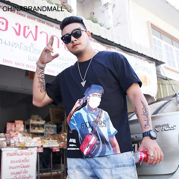 

super Brand Big size Men's Wear Plus Fat Plus Men Short Sleeve Loose Leisure Round Neck Hip Hop Printing Half Sleeve T