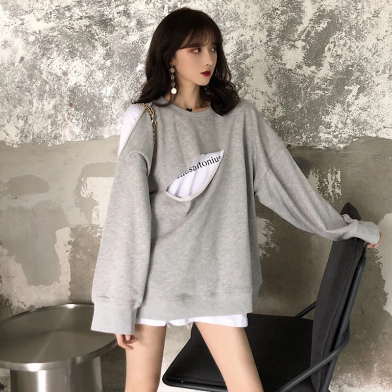 female autumn new fake two pieces of irregular hip hop tide street loose Korean bf wind student lantern sleeve - Цвет: Серый